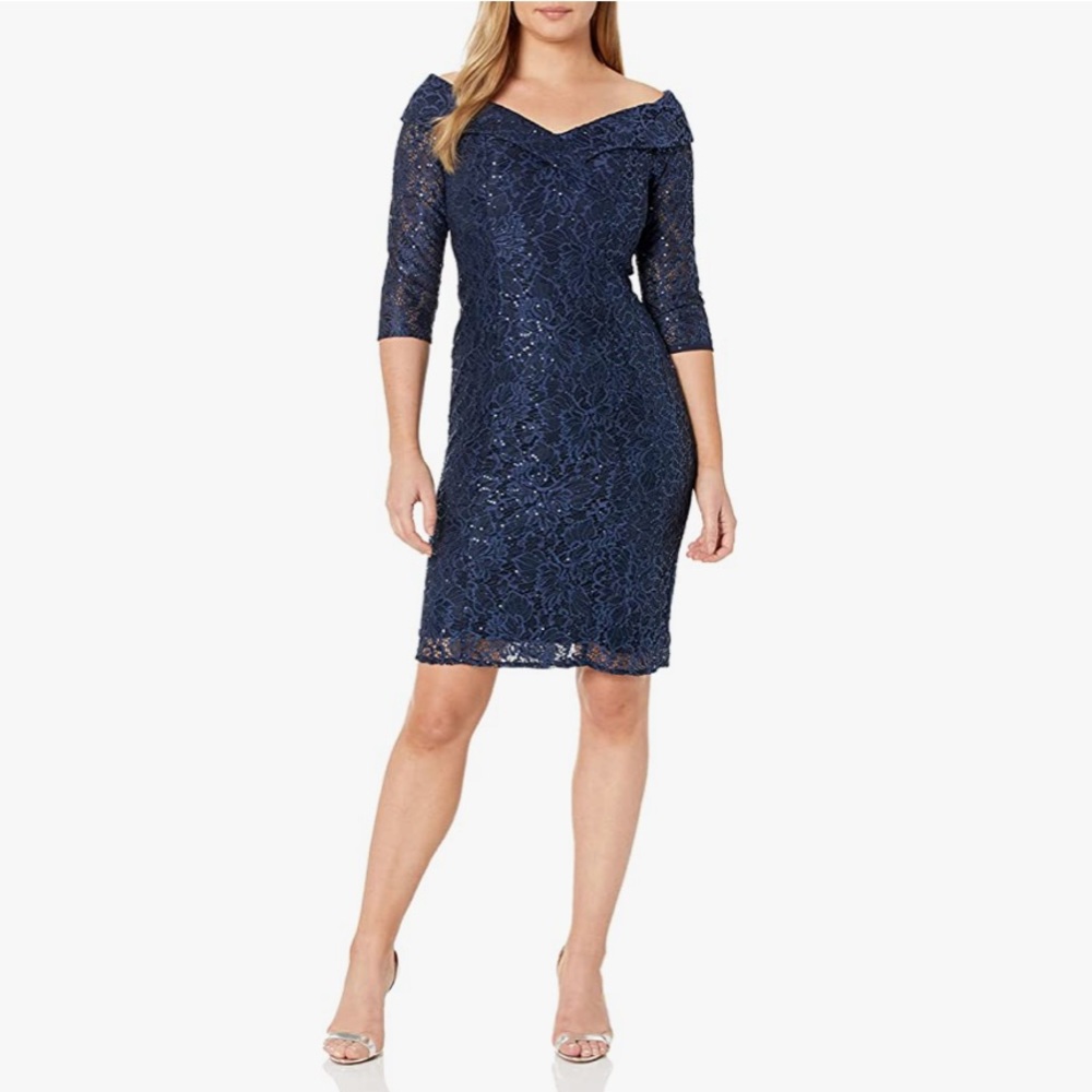 Alex Evenings Off the Shoulder lace and Sequence Dress, Navy, Size 8, NWT